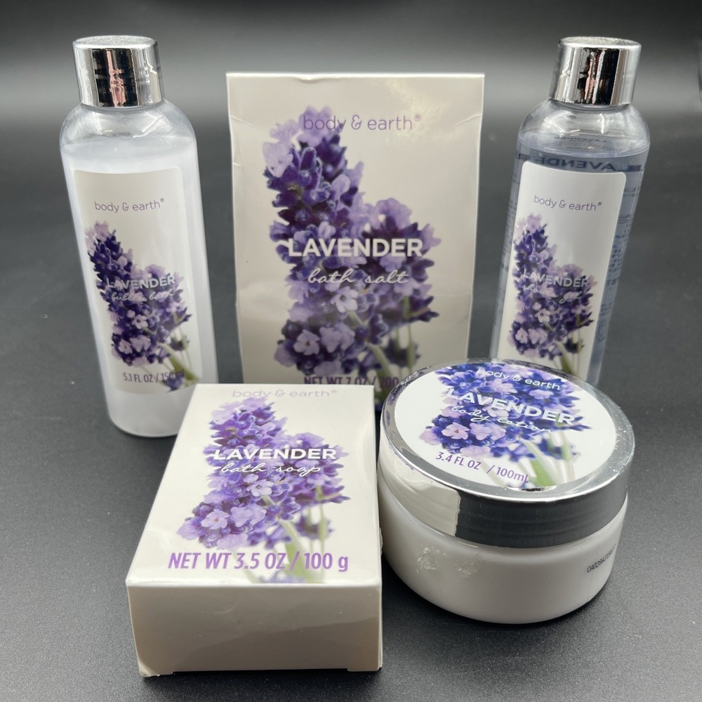 Body & Earth Lavender Bath Gift Set Lotion Shower Gel Soap Scrub Salt